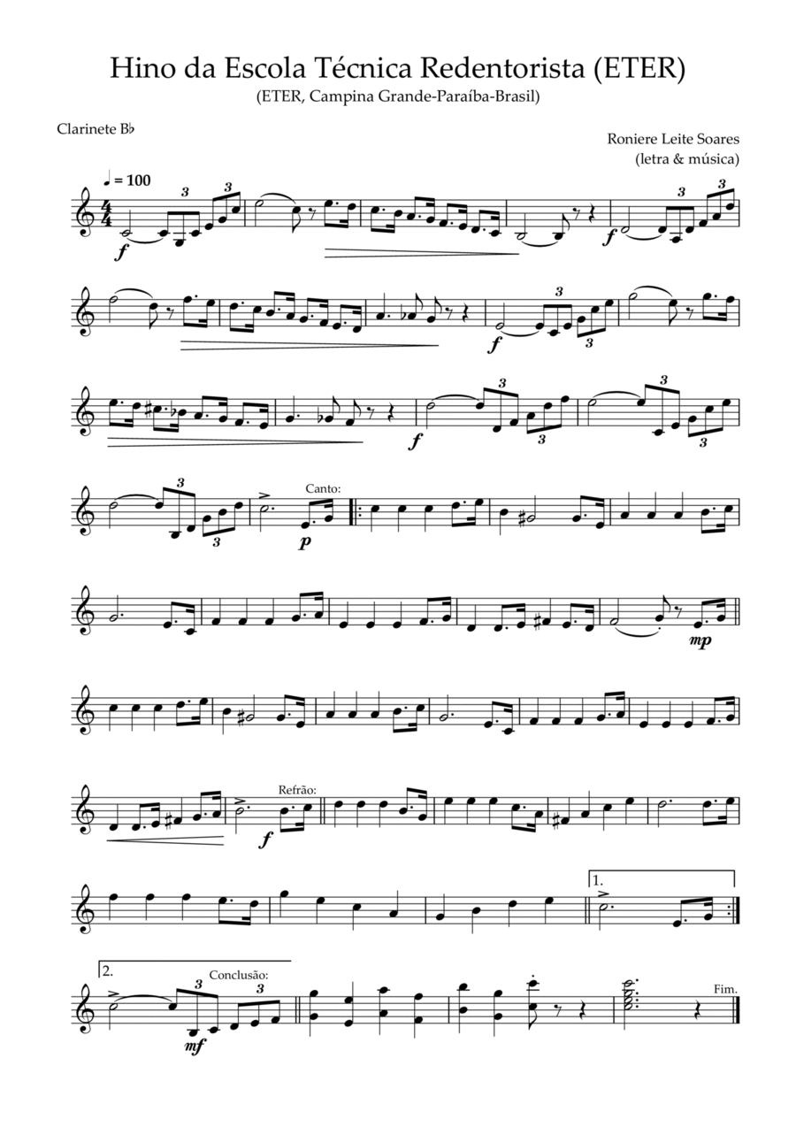 Hino da Escola Técnica Redentorista B-Flat Clarinet scores gallery preview page 1