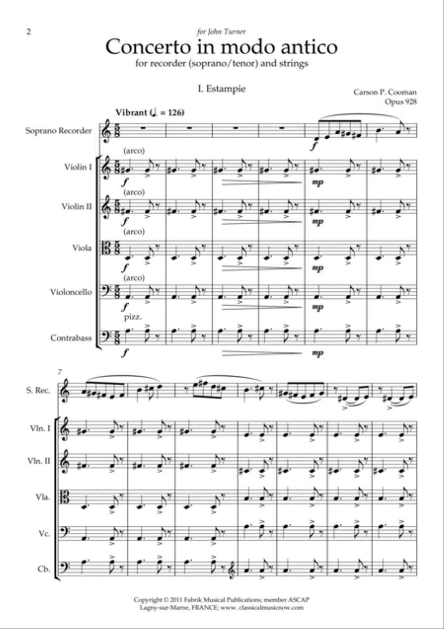 Carson Cooman : Concerto in modo antico (2011) for recorder (soprano or tenor) and strings, score, s String Orchestra scores gallery preview page 2