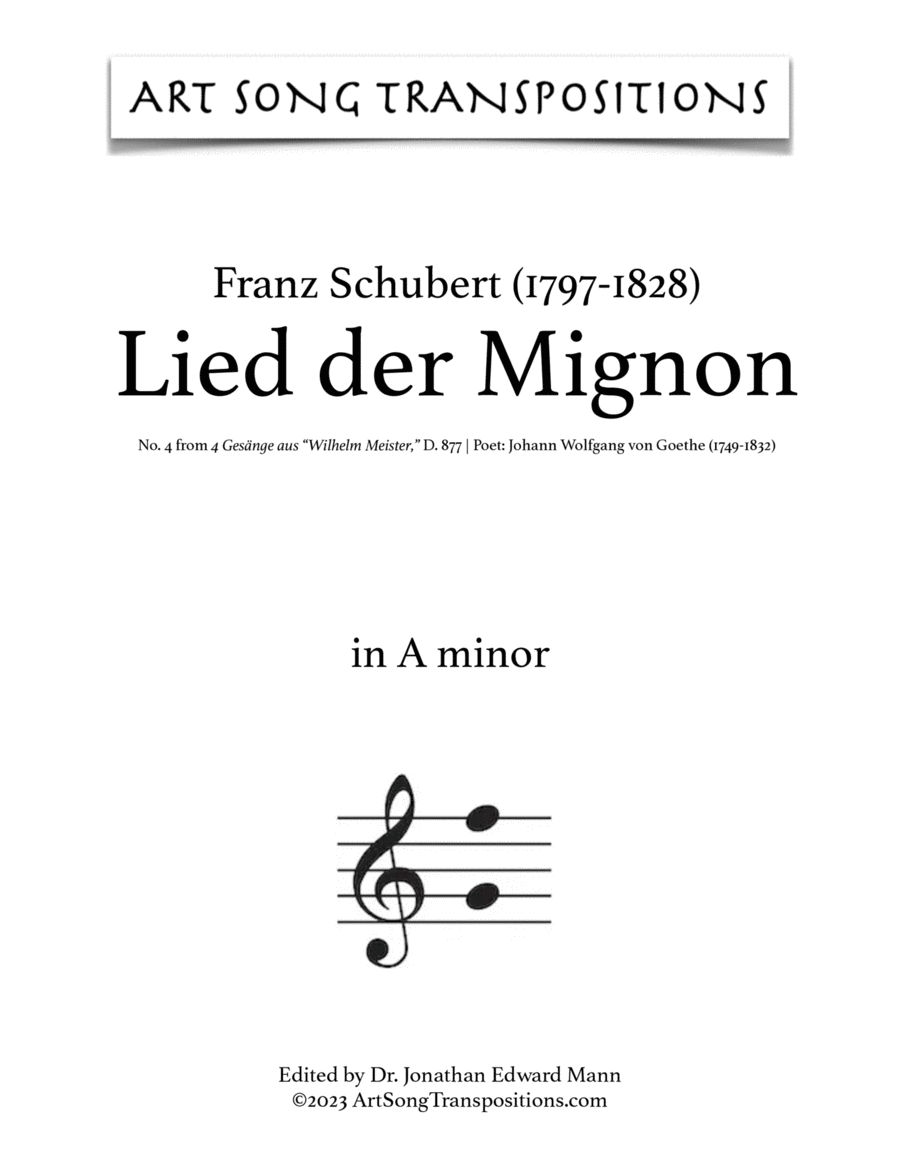 SCHUBERT: Lied der Mignon, D. 877 no. 4 (in 8 keys: A, A-flat, G, F-sharp, F, E, E-flat, D minor) Voice scores gallery preview page 1