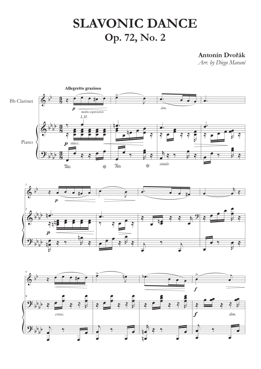 Slavonic Dance Op. 72 No. 2 for Clarinet and Piano B-Flat Clarinet scores gallery preview page 1