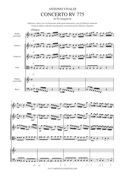 Concerto RV 774 in C Major - Concerto RV 775 in F Major for Violin, Organ, Strings and Continuo. Critical edition with the missing parts reconstructed