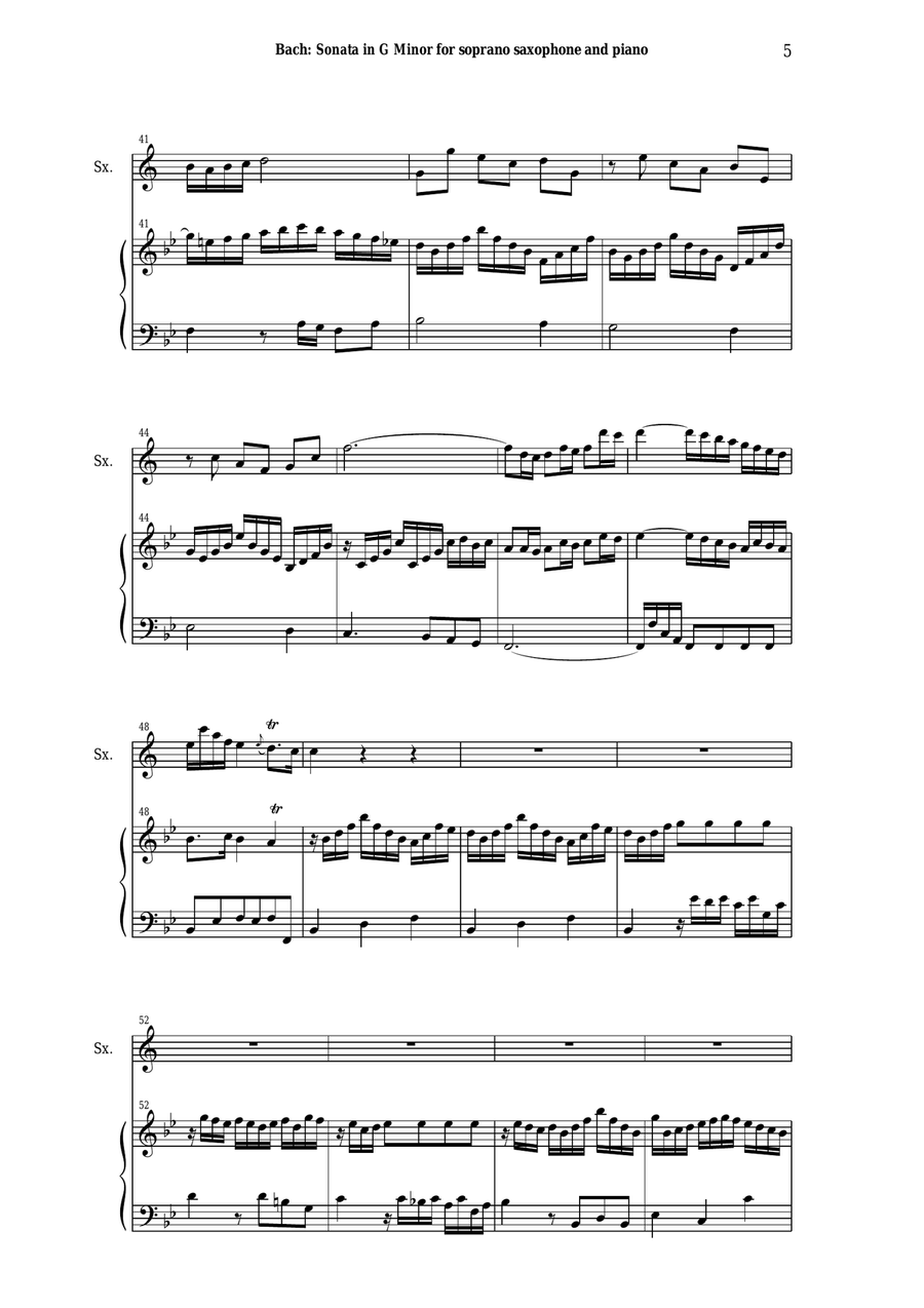 J. S. Bach: Sonata in g minor, bwv 1020, arranged for soprano saxophone and piano or harp Small Ensemble scores gallery preview page 5