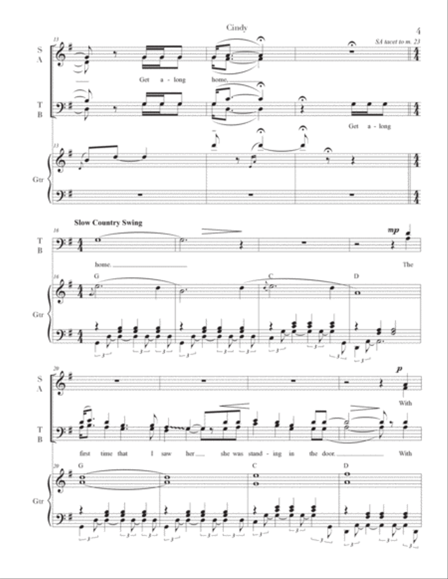 Cindy ( s a t b + guitar + fiddle [or piano] ) 4-Part scores gallery preview page 3