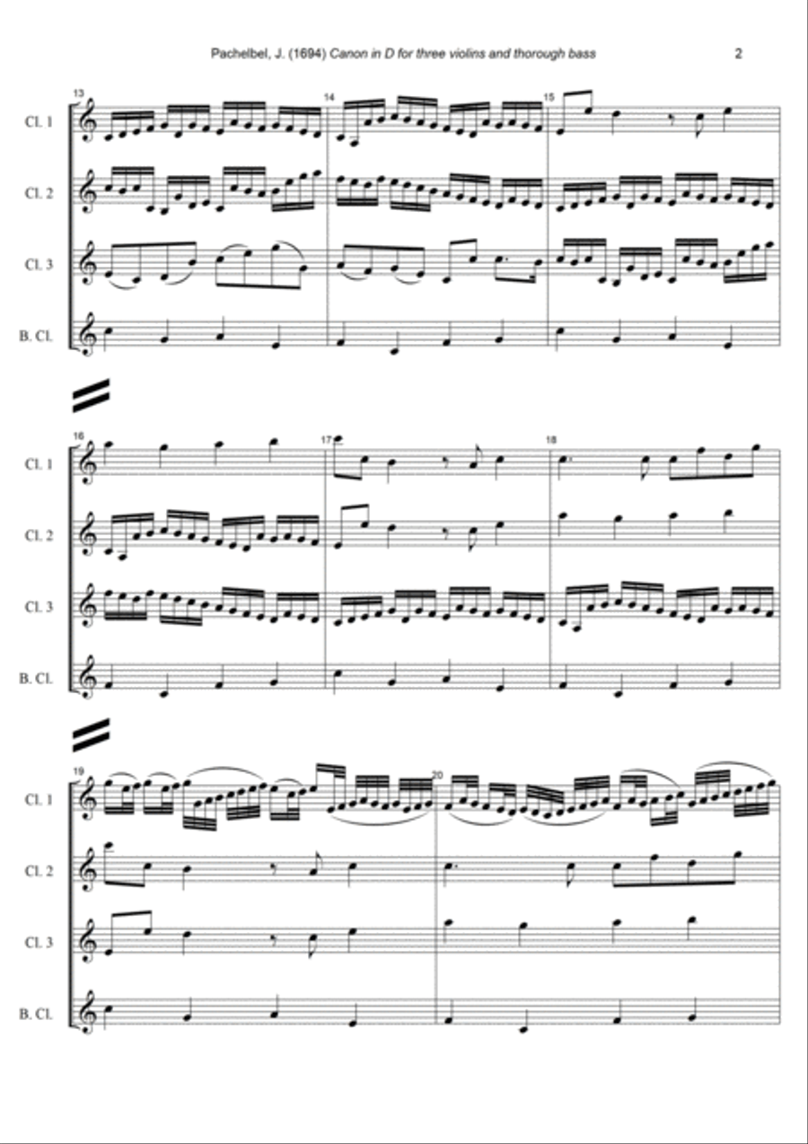 J. Pachelbel - Canon in D-dur, arr. for Clarinet Quartet Clarinet Quartet scores gallery preview page 2