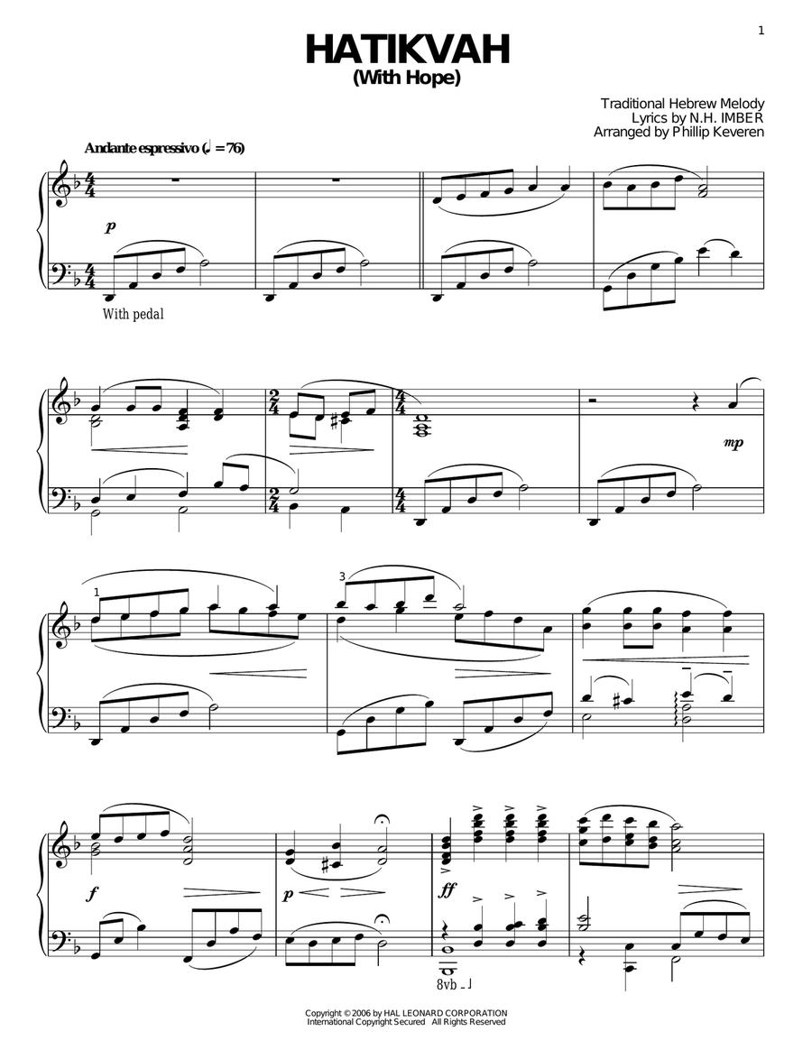 Hatikvah (With Hope) Piano Solo scores gallery preview page 1