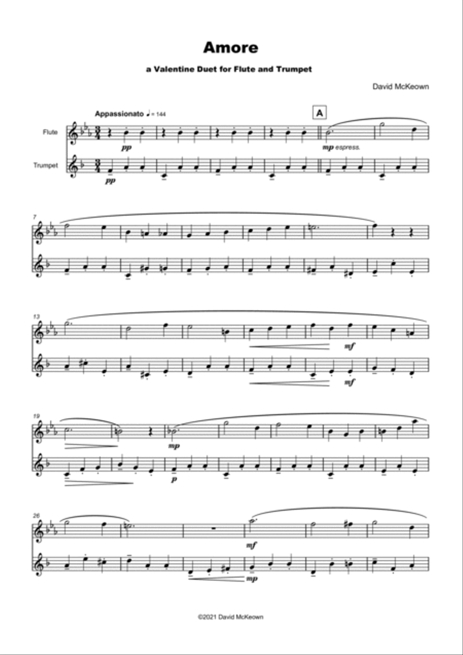 Amore, (Italian for Love), Flute and Trumpet Duet Flute scores gallery preview page 2