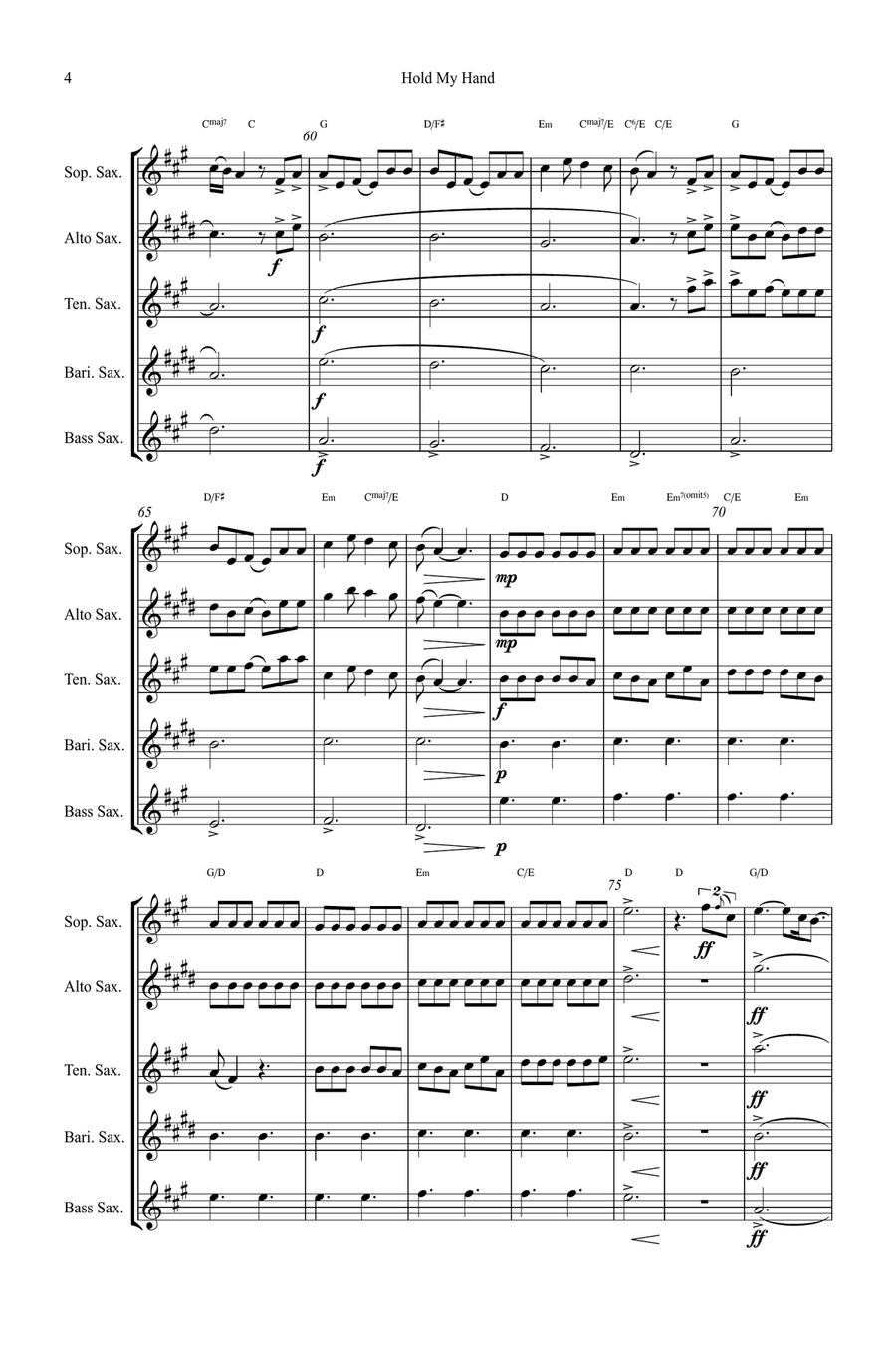 Hold My Hand Hold My Hand Saxophone Quintet scores gallery preview page 4