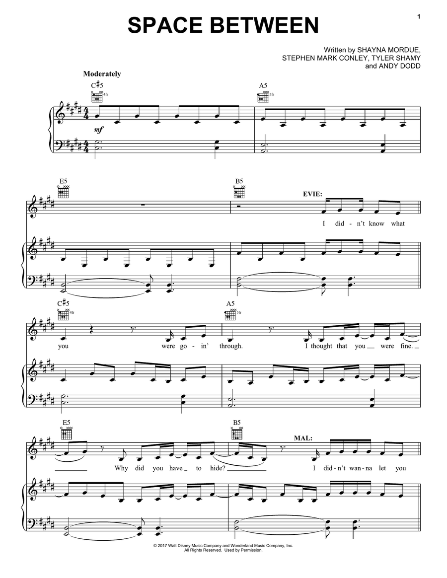 Space Between (from Disney's Descendants 2) Piano, Vocal, Guitar scores gallery preview page 1