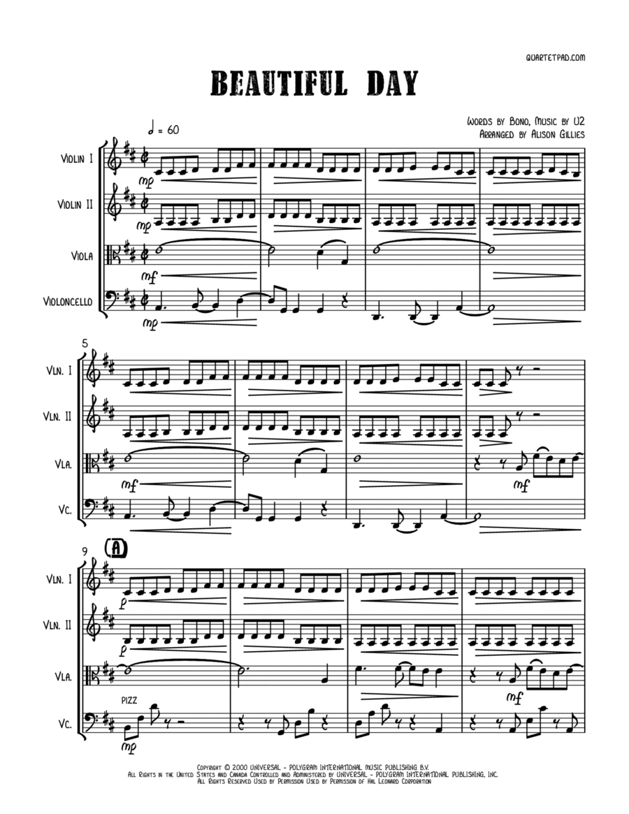 Beautiful Day Beautiful Day String Quartet scores gallery preview page 1