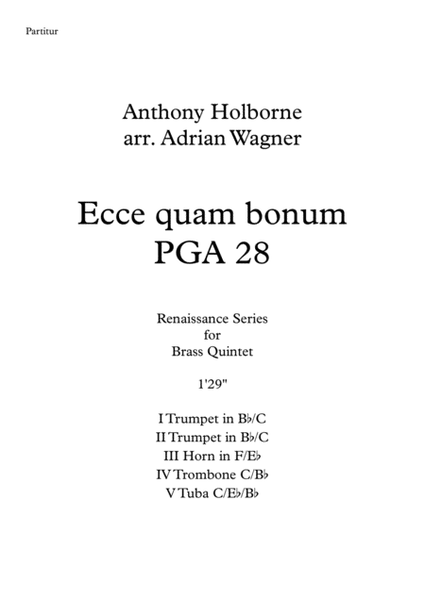 Ecce quam bonum PGA 28 (Anthony Holborne) Brass Quintet arr. Adrian Wagner image number null