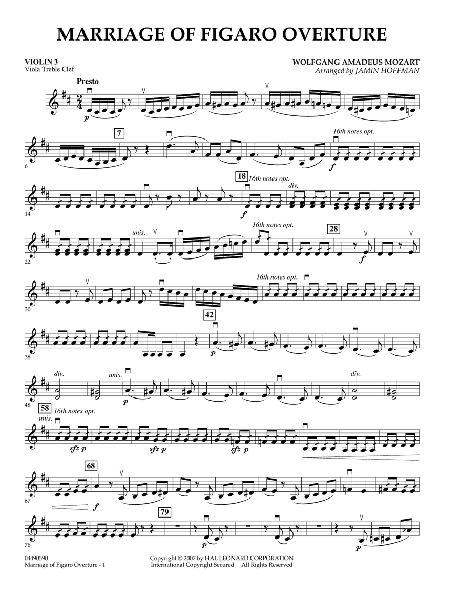 Overture to Marriage of Figaro - Violin 3 (Viola Treble Clef) Viola scores gallery preview page 1