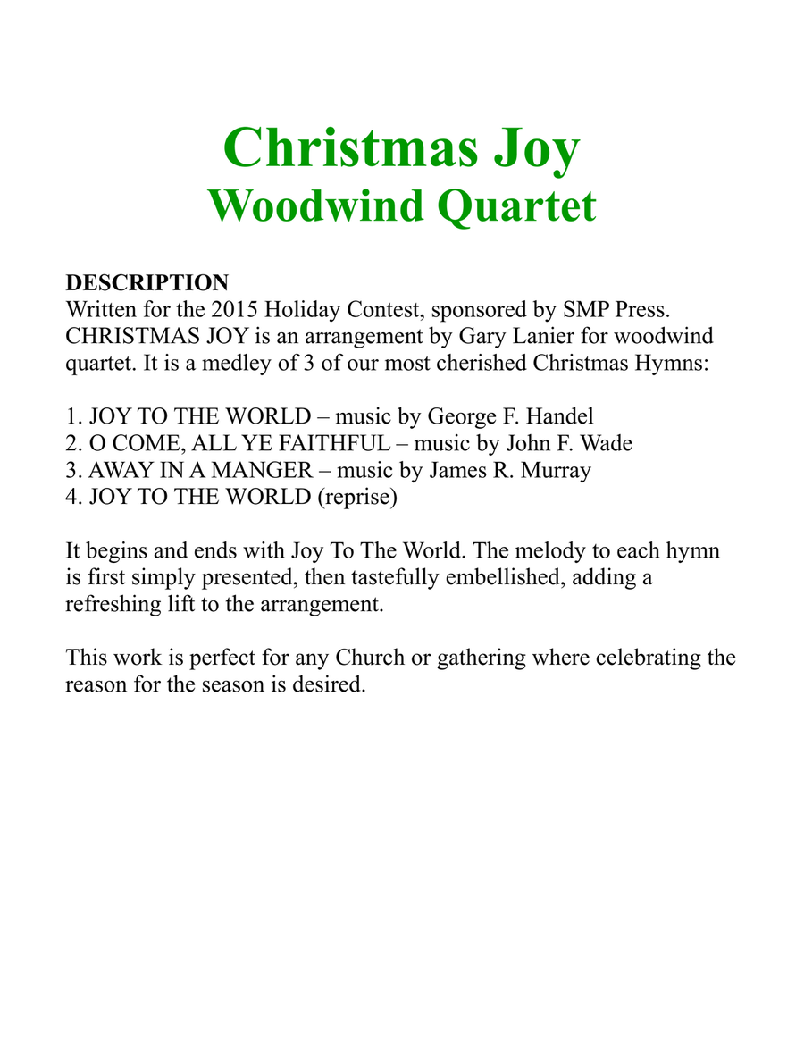 Gary Lanier: CHRISTMAS JOY (Woodwind Quartet/Score and Parts) image number null