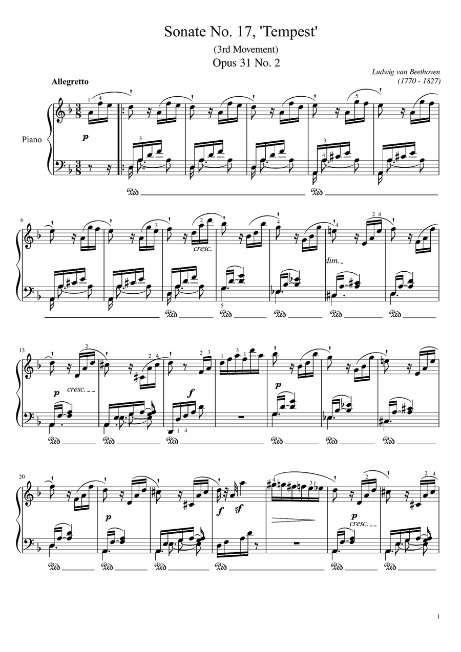 Beethoven Sonate No. 17, “Tempest” Op.31 No.2, 3rd Movement, Original (with fingering) Piano Solo scores gallery preview page 1
