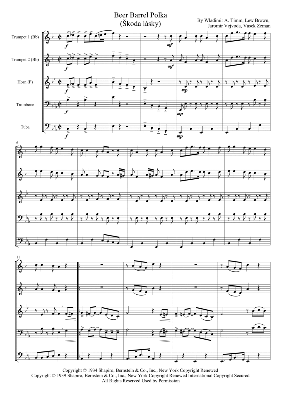 Beer Barrel Polka (roll Out The Barrel) Brass Quintet scores gallery preview page 1