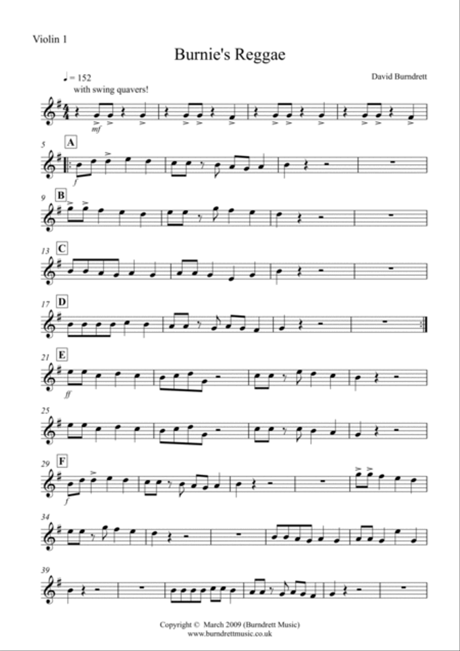 Burnie's Reggae for String Orchestra String Quartet scores gallery preview page 5