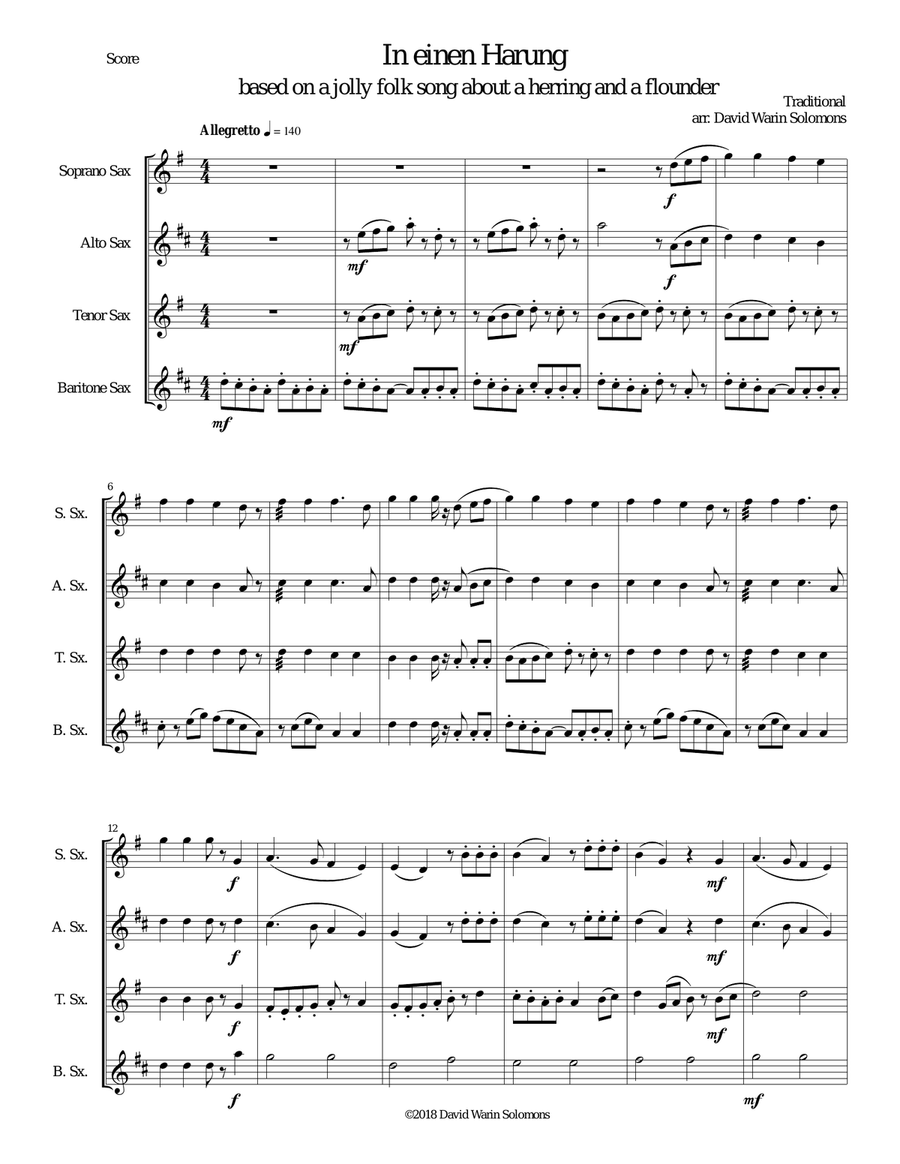 In einen Harung (a jolly folk song about a herring and a flounder) for saxophone quartet Saxophone Quartet scores gallery preview page 2