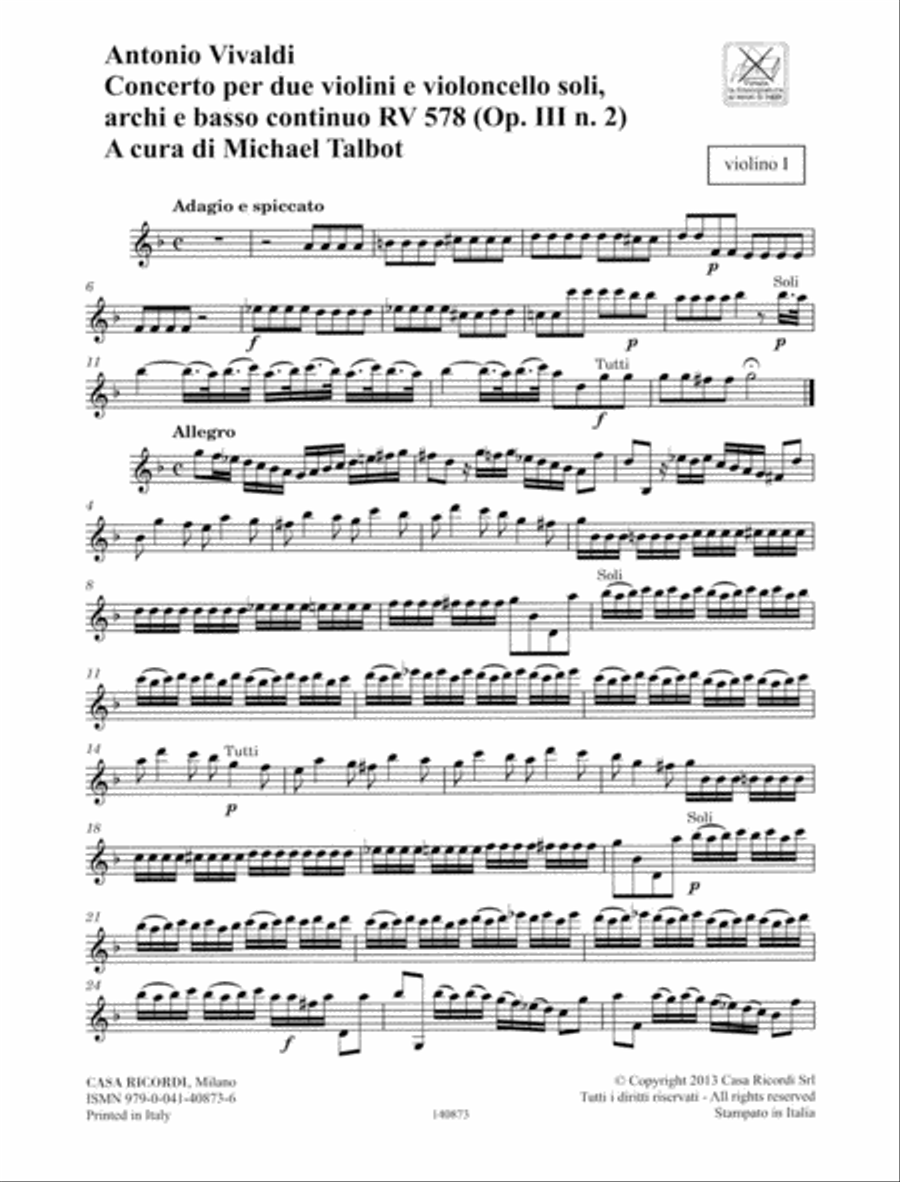 Concerto G Minor, RV 578, Op. III, No. 2 String Orchestra scores gallery preview page 1