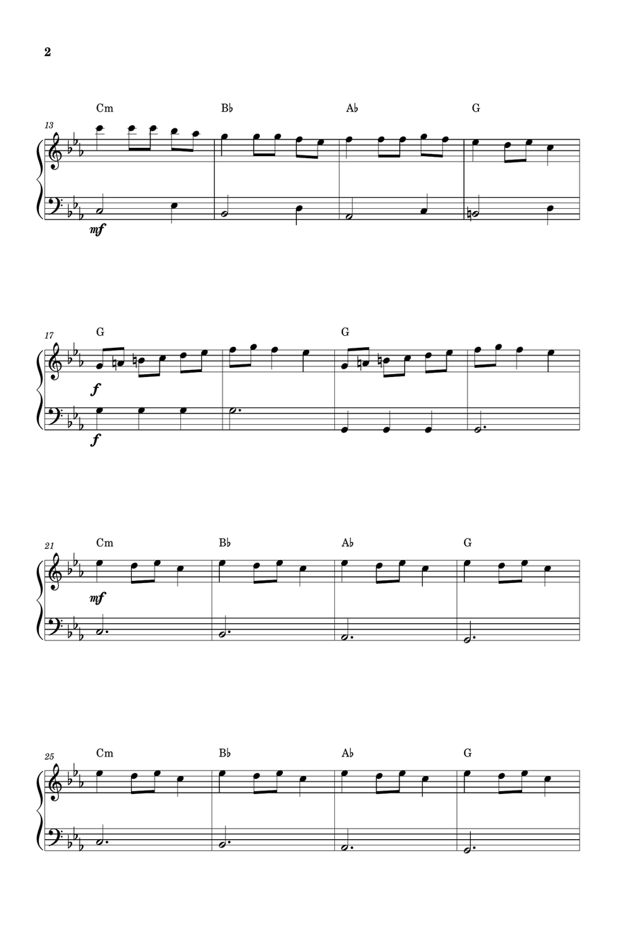 Carol of The Bells (Very Easy - Beginner Piano) in C minor - With Chords Easy Piano scores gallery preview page 2