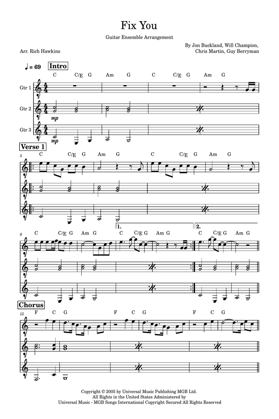 Fix You Guitar Ensemble scores gallery preview page 1