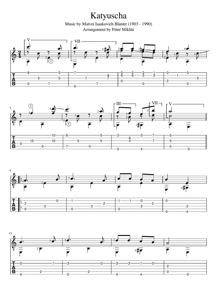 Katyusha (Standard Notation and TAB) Acoustic Guitar scores gallery preview page 1