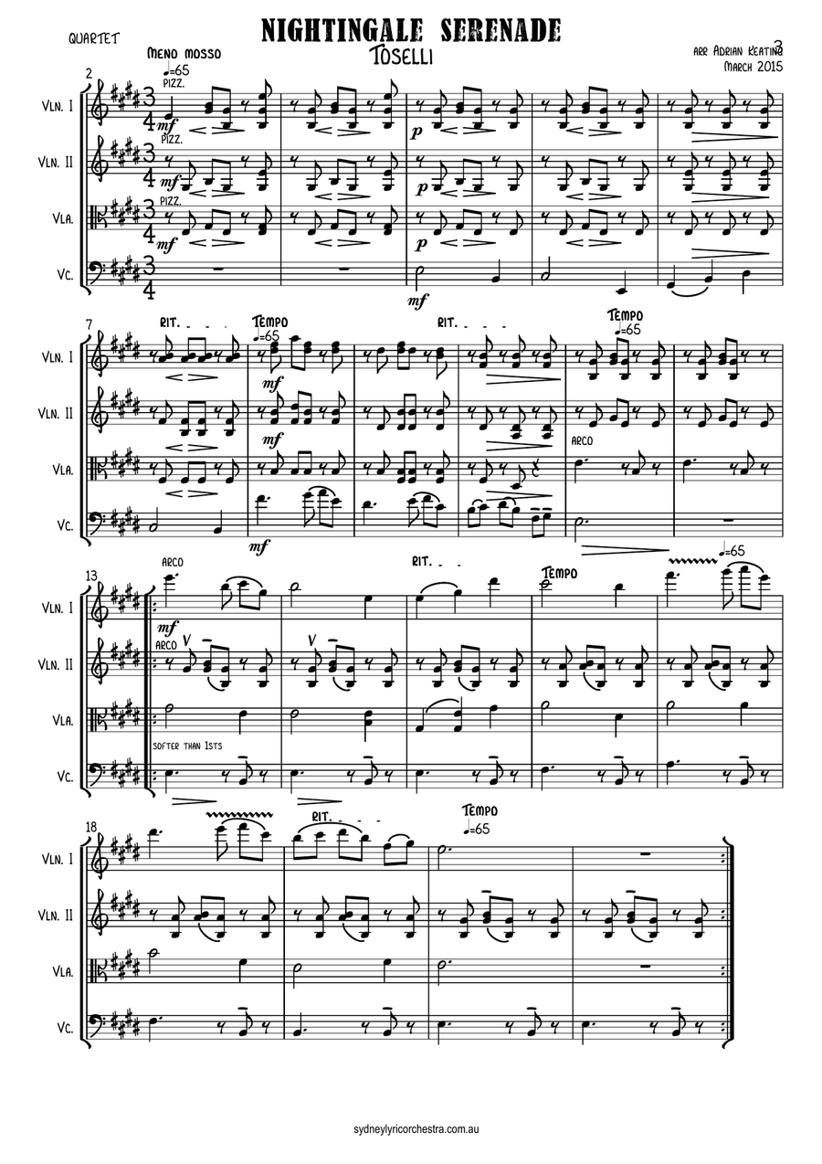 Nightingale Serenade - Toselli - String Quartet - intermediate to professional ensemble String Quartet scores gallery preview page 3