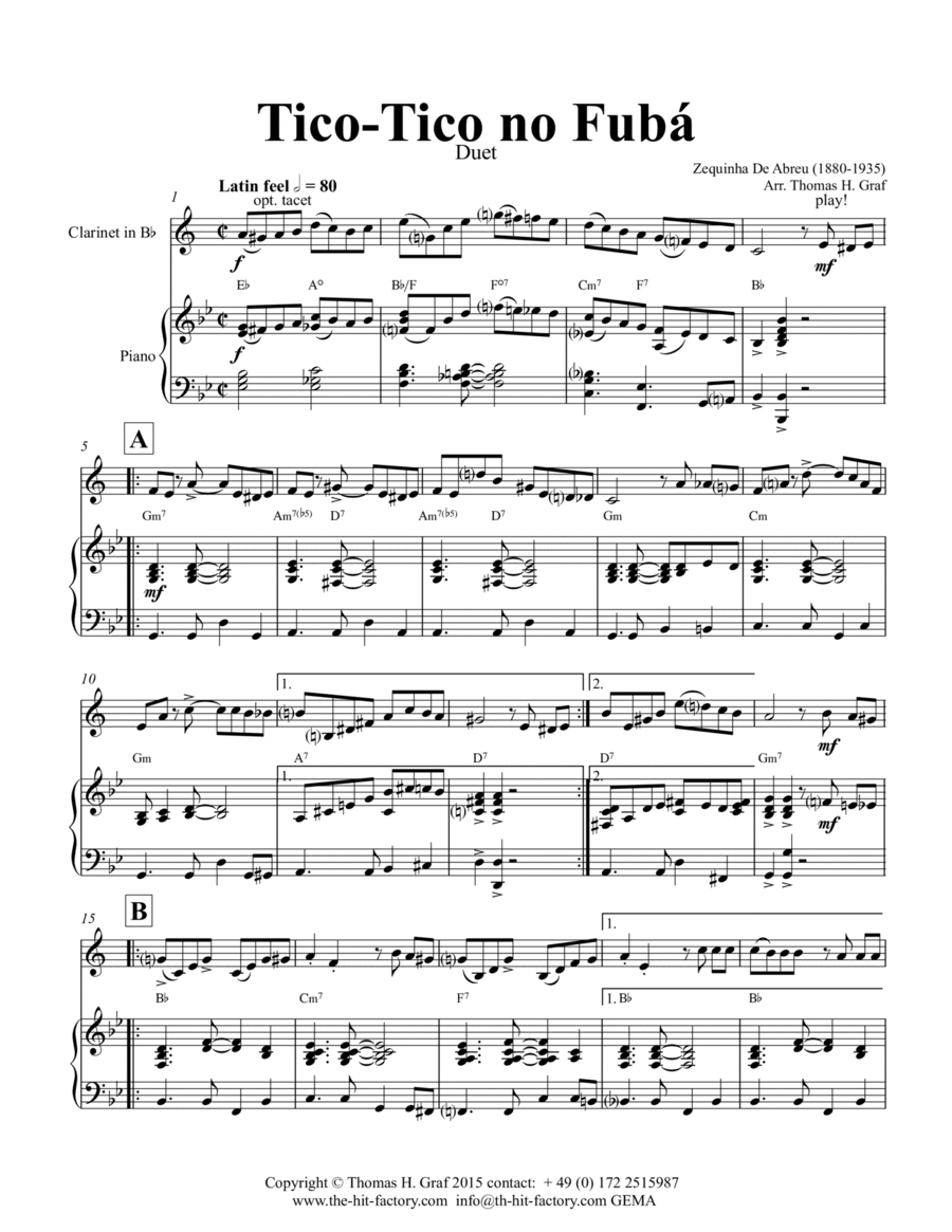 Tico-Tico no Fubá - Choro - Key: G-minor - Piano and Clarinet Clarinet Solo scores gallery preview page 1