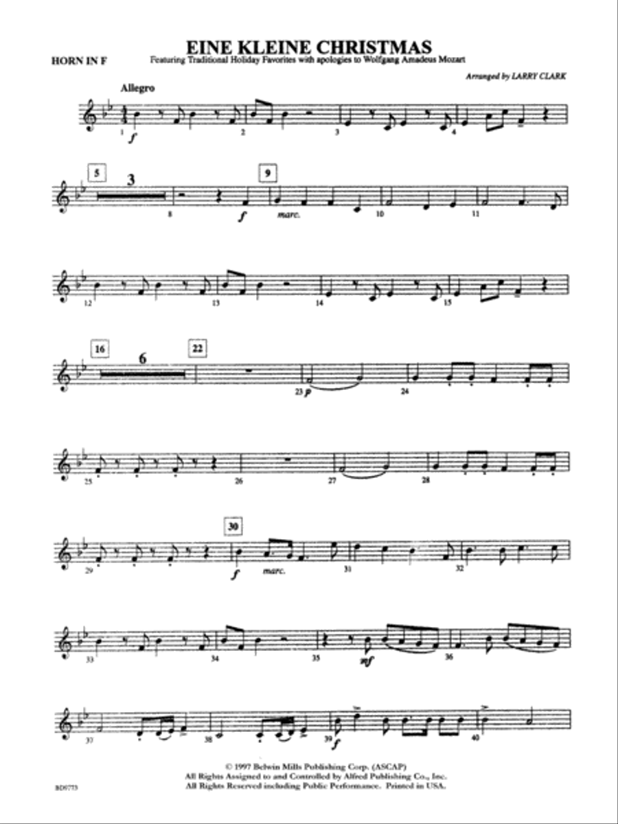 Eine Kleine Christmas (featuring Traditional Holiday Favorites (with apologies to Wolfgang Amadeus Mozart)): 1st F Horn Concert Band scores gallery preview page 1