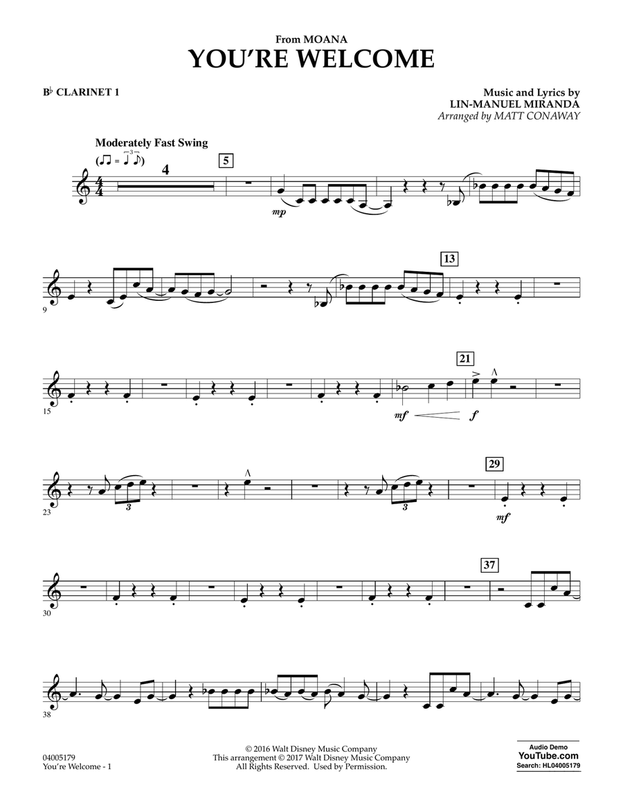 You're Welcome (from Moana) (arr. Matt Conaway) - Bb Clarinet 1 Concert Band scores gallery preview page 1
