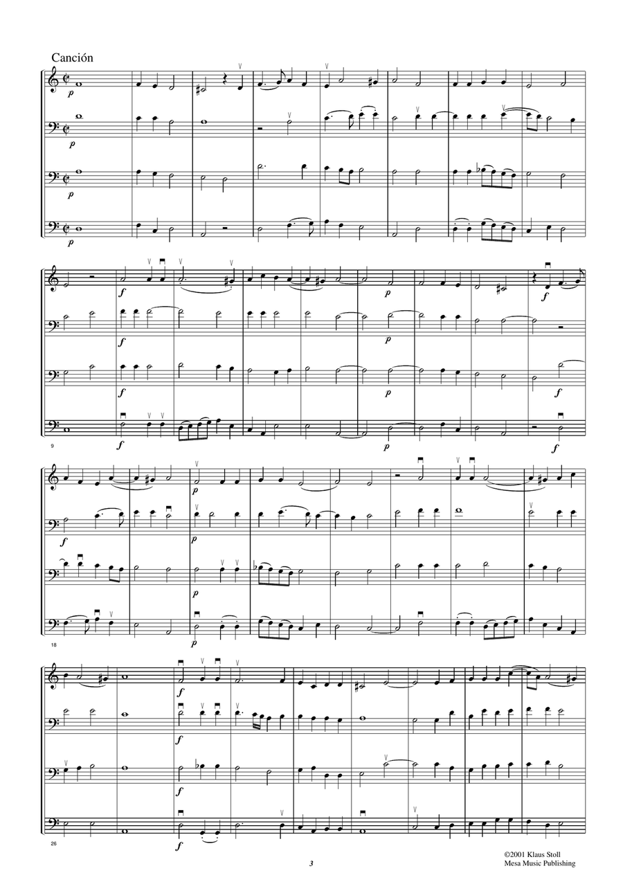 Diego Ortiz,Madrigal, Canción e Recercada from: Tratado de Glosas Sobre Clausulas Y Otros Generos String Quartet scores gallery preview page 3