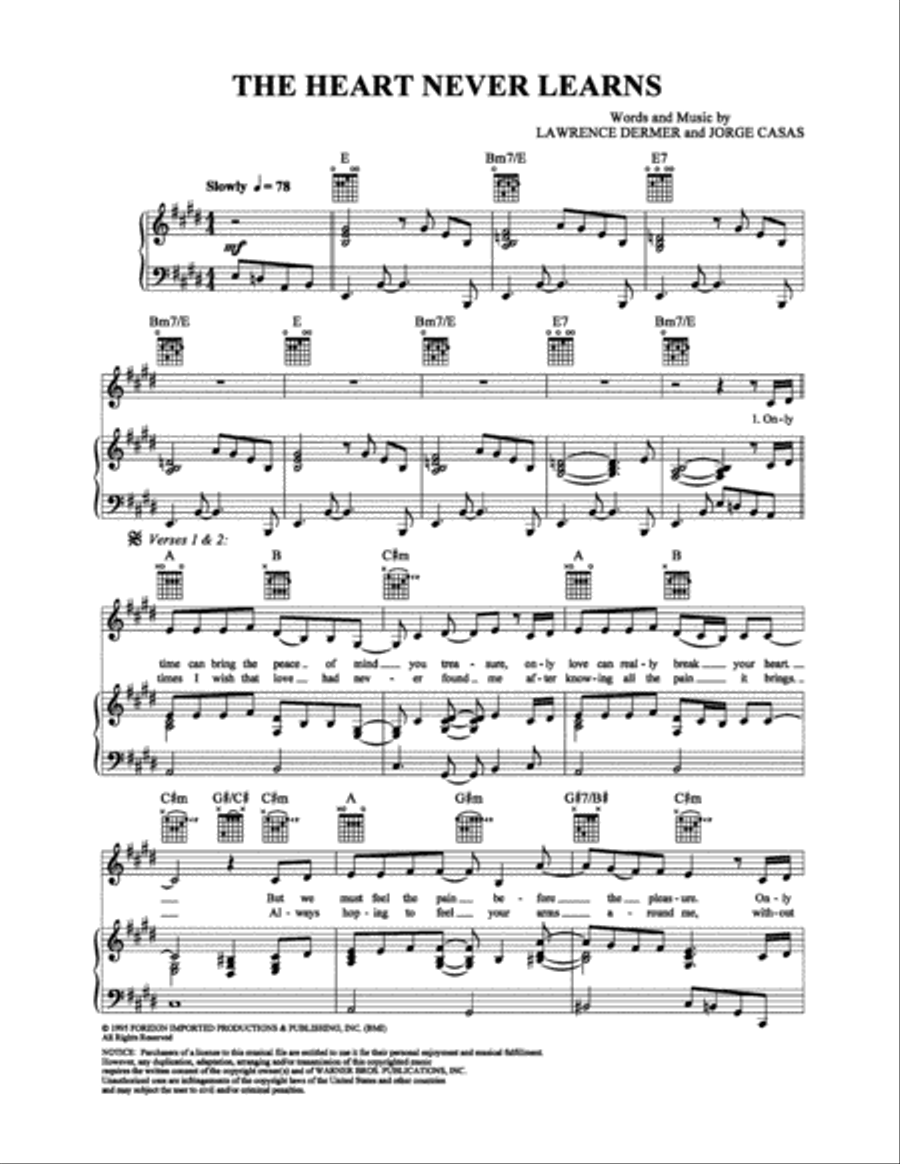 The Heart Never Learns Piano, Vocal, Guitar scores gallery preview page 1