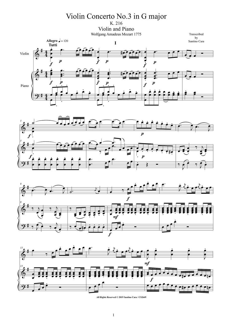 Mozart - Violin Concerto No.3 in G major K 216 for Violin and Piano - Score and Part Violin Solo scores gallery preview page 1