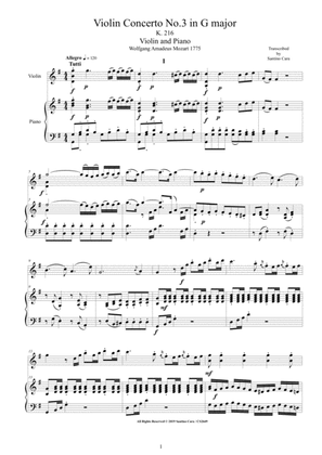 Book cover for Mozart - Violin Concerto No.3 in G major K 216 for Violin and Piano - Score and Part