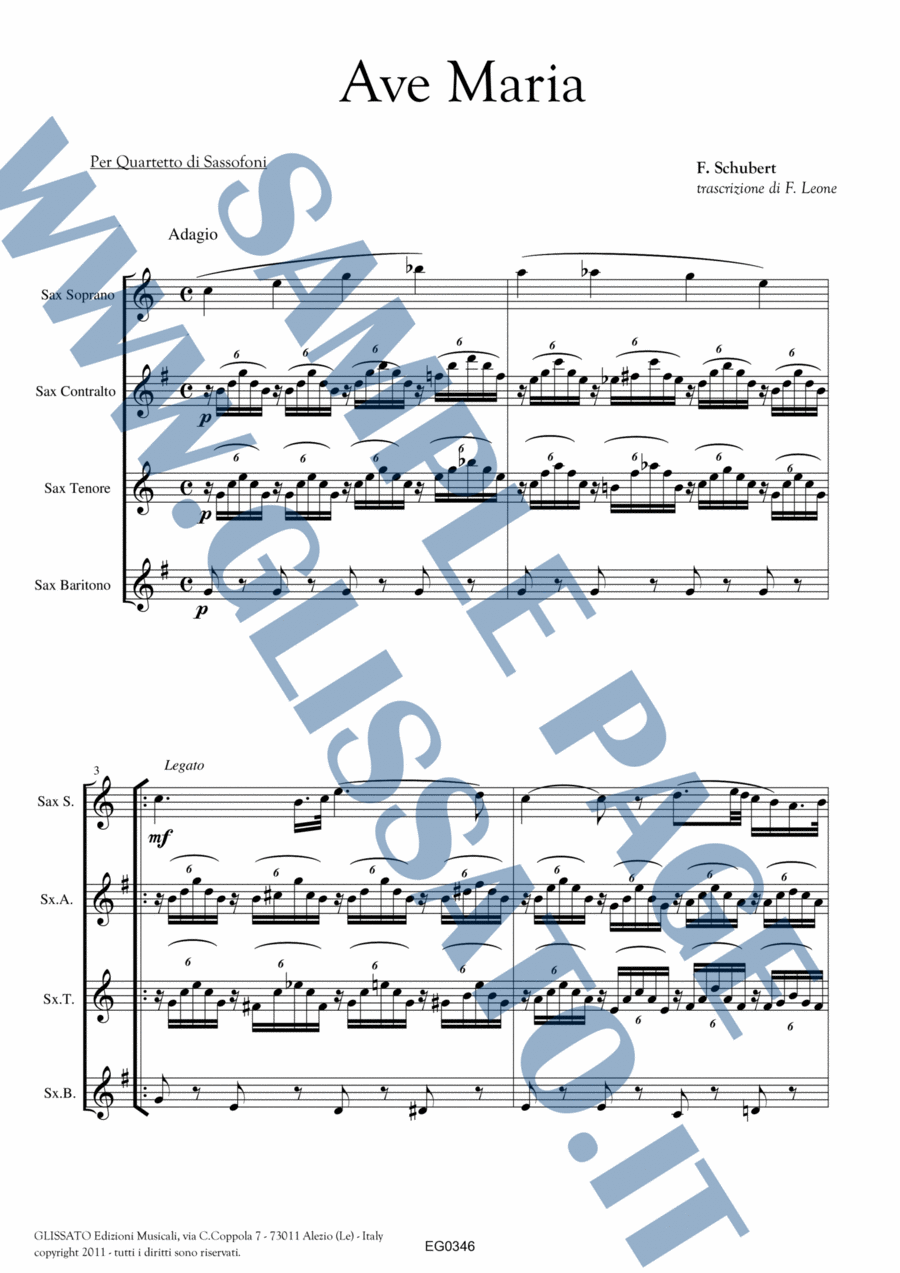 Book cover for Saxophone Quartet "Ave Maria" by Schubert (score & parts)