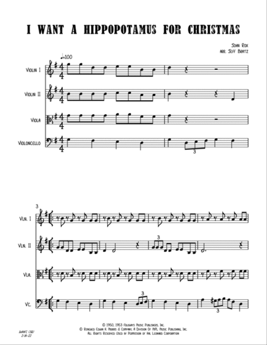 I Want A Hippopotamus For Christmas (Hippo The Hero) String Quartet scores gallery preview page 2