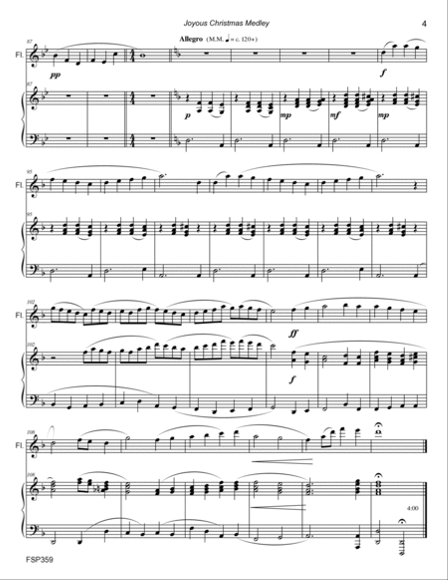 JOYOUS CHRISTMAS MEDLEY - FLUTE SOLO with Piano Accompaniment (5 Carol Medley) Flute Solo scores gallery preview page 4