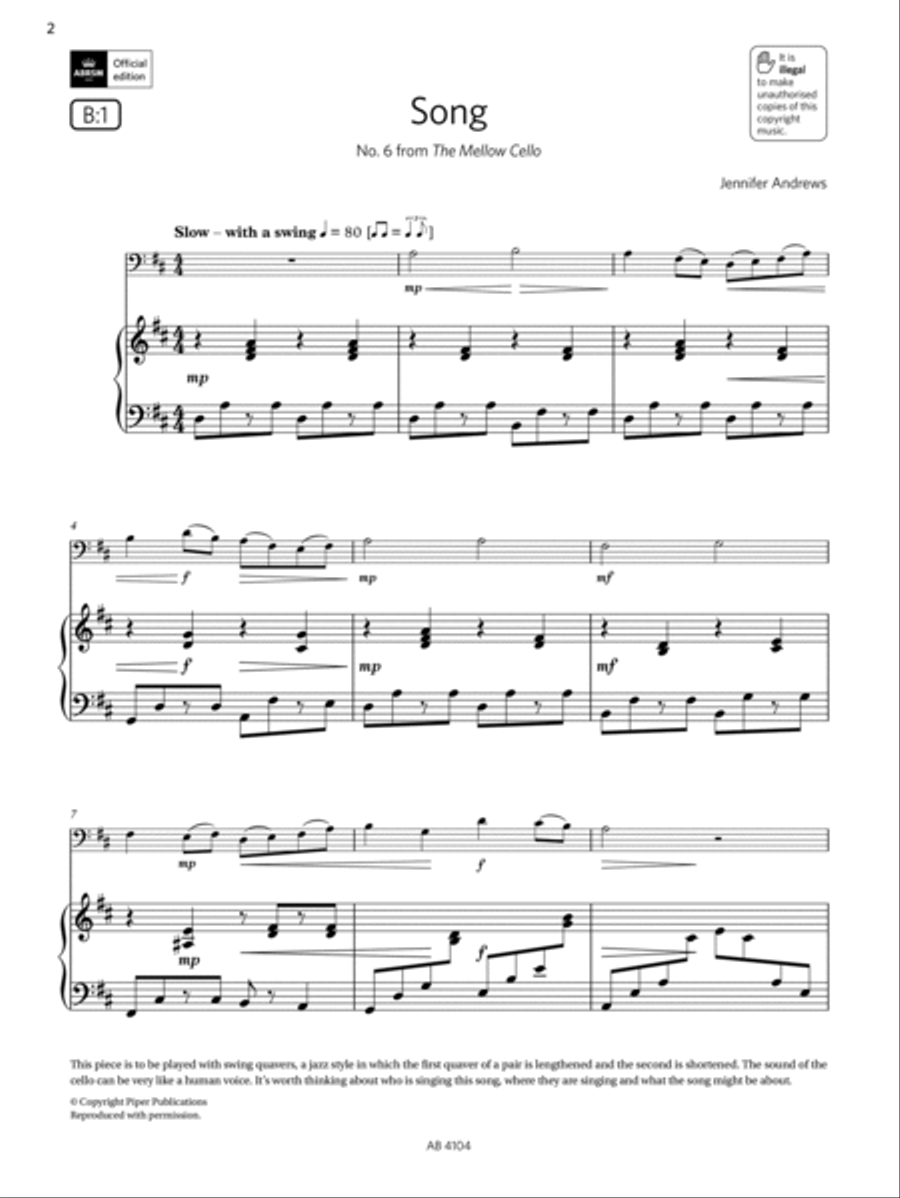 Song (Grade 1, B1, from the ABRSM Cello Syllabus from 2024) Cello Solo scores gallery preview page 2
