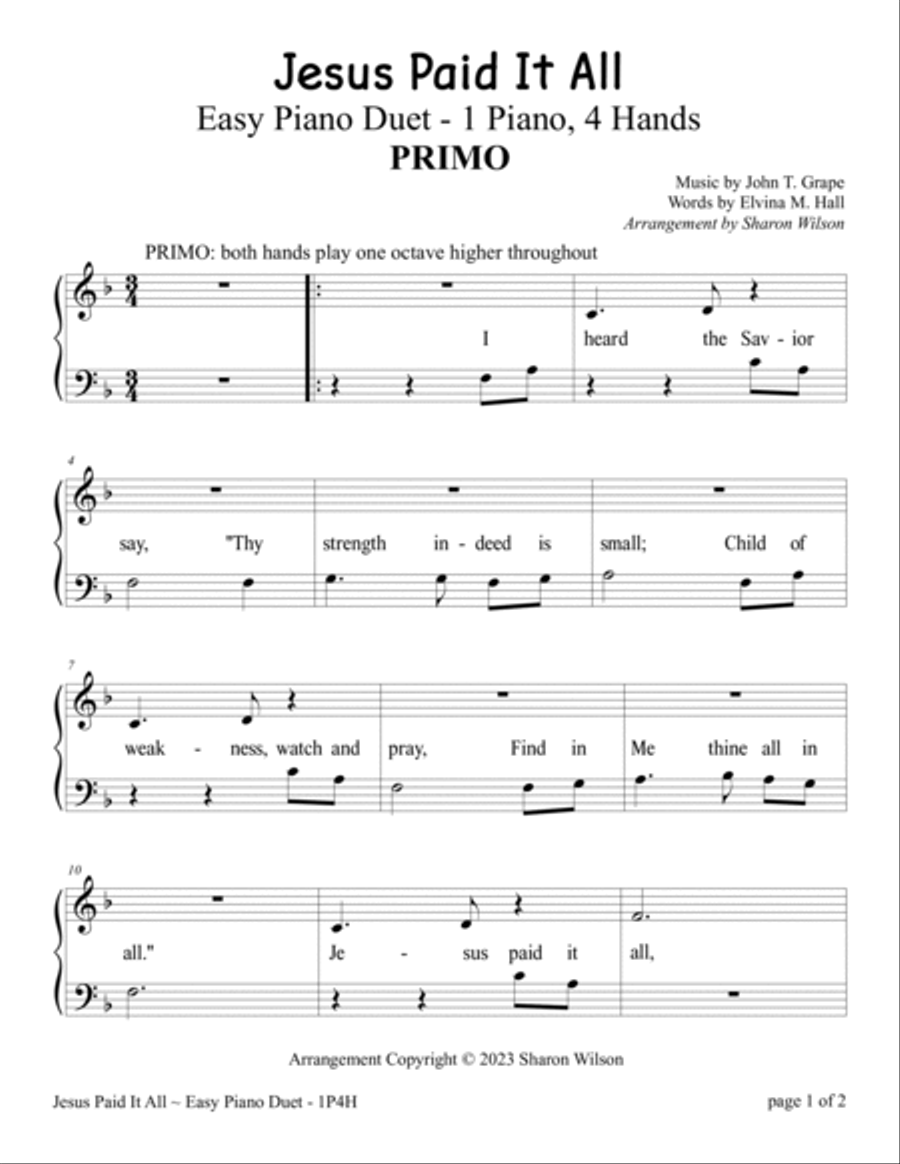 Jesus Paid It All (Easy 1 Piano, 4 Hands Duet) Easy Piano scores gallery preview page 3