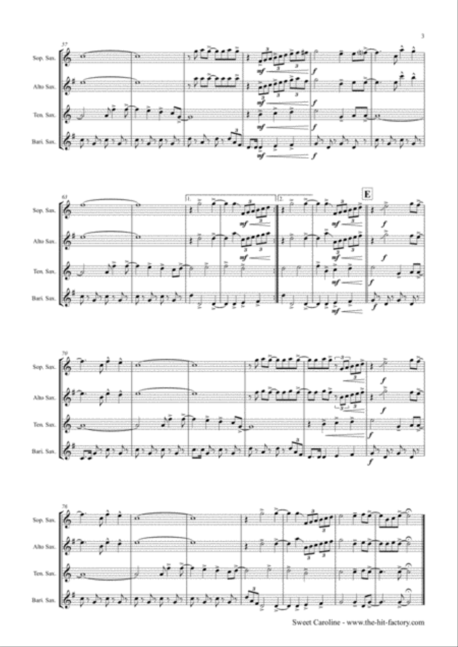 Sweet Caroline Saxophone Quartet scores gallery preview page 3