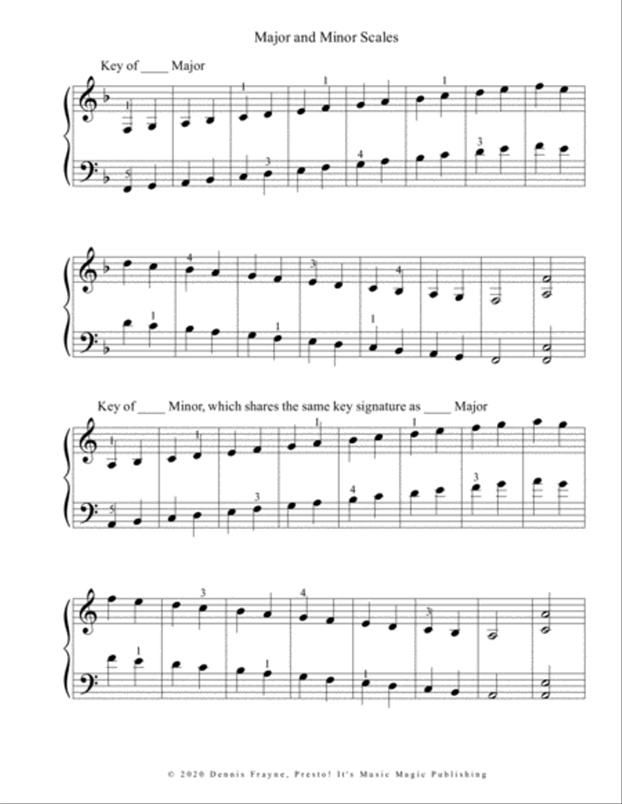 SCALES, Major and Minor Scales (C, G, D, A, E, B, F) Two Octaves (standard notation) Piano Method scores gallery preview page 4