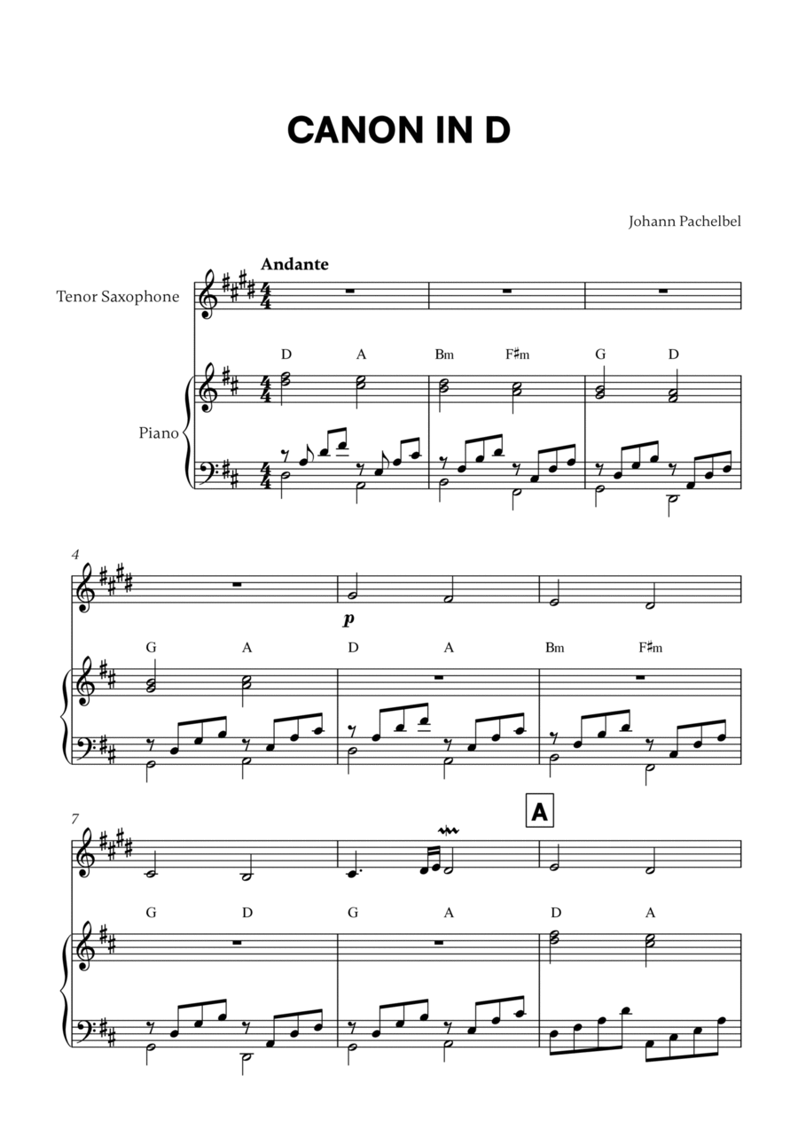 Canon in D (for Tenor Saxophone and Piano) Tenor Saxophone scores gallery preview page 1