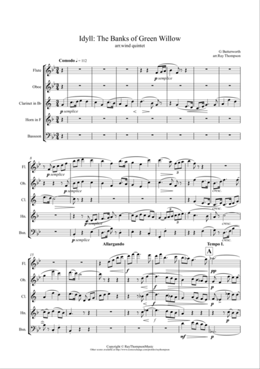 George Butterworth: The Banks of Green Willow (Idyll) - wind quintet Woodwind Quintet scores gallery preview page 1