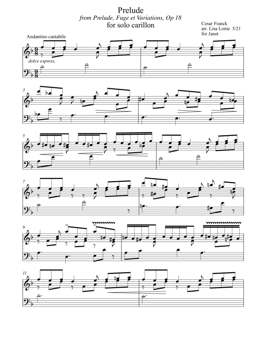 Prelude for Carillon (D min) from Prelude, Fugue et Variation, Op 18 Glockenspiel scores gallery preview page 1