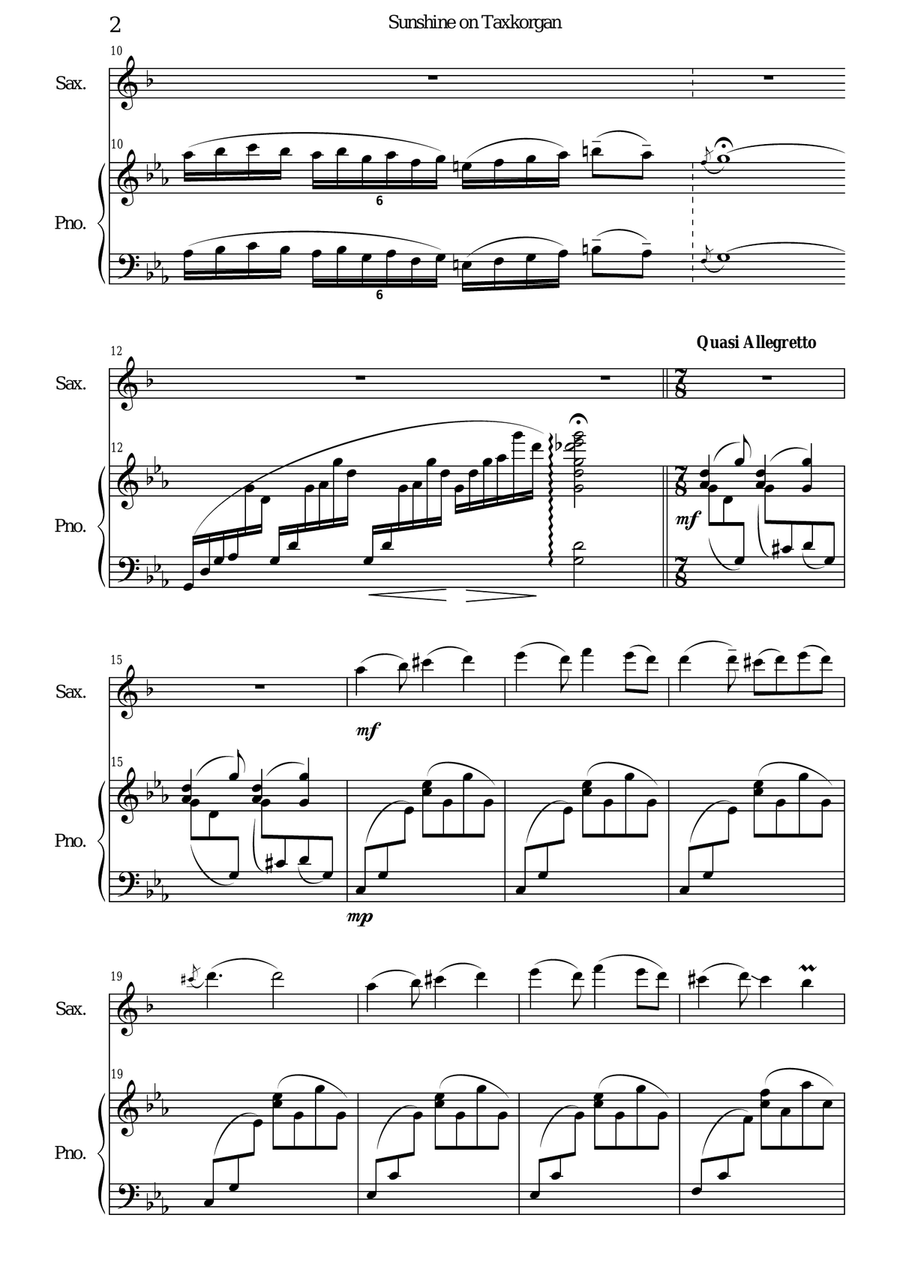 Sunshine on Taxkorgan - Sunshine on Tashkurgan, for saxophone and piano (Score + Solo part) Woodwind Duet scores gallery preview page 2