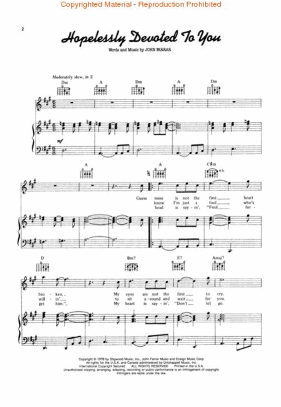 Hopelessly Devoted to You (from Grease) Piano, Vocal, Guitar scores gallery preview page 2