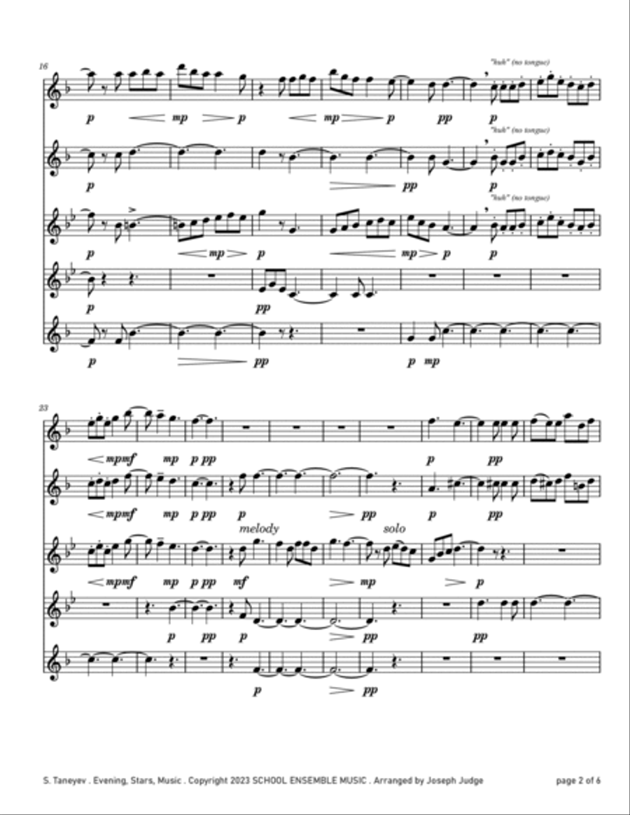 Evening Stars Music by Taneyev for Saxophone Quintet in Schools Saxophone Quintet scores gallery preview page 2