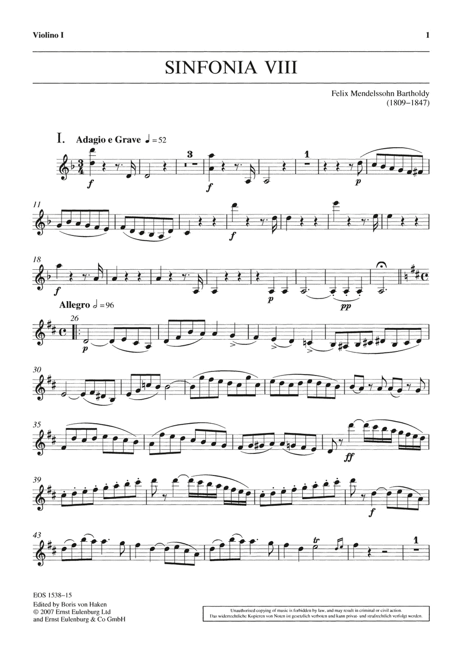 Sinfonia No. 8 in D major MWV N 8 Part scores gallery preview page 1