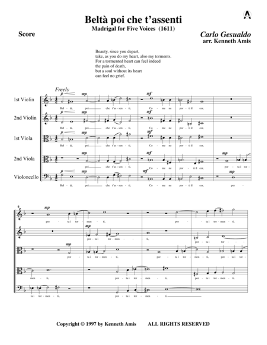 Beltà poi che t’assenti (for string quintet) String Quintet scores gallery preview page 3