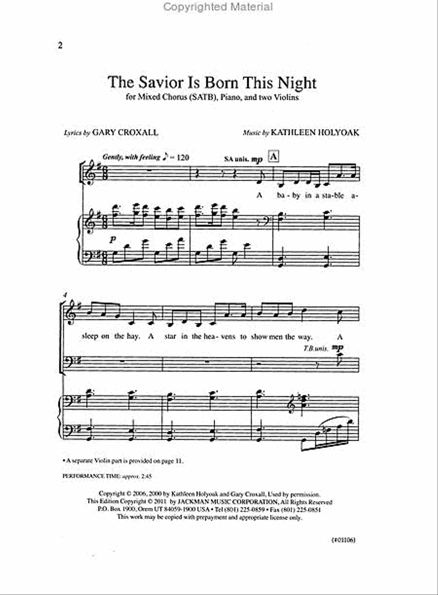 The Savior Is Born This Night - SATB w/ piano and two violins image number null