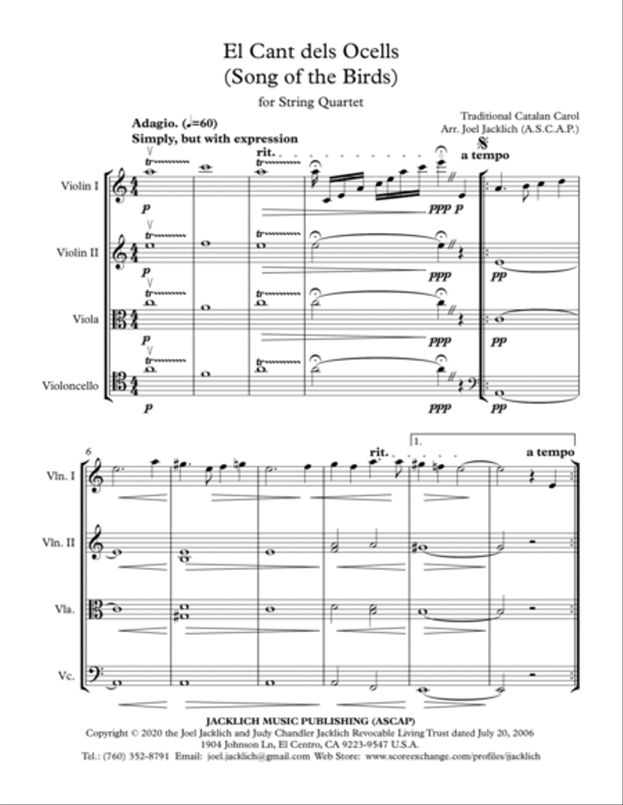 El Cant Dels Ocells (The Song of the Birds) String Quartet scores gallery preview page 2