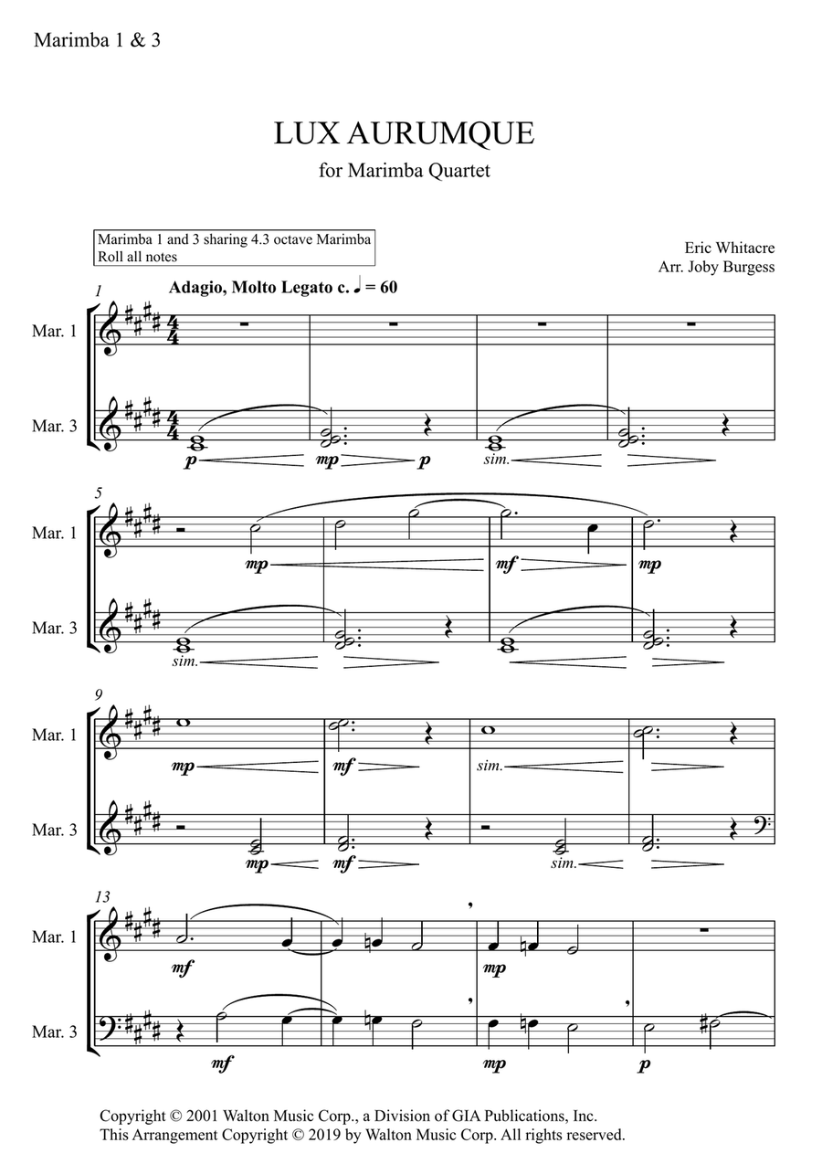 Lux Aurumque for Marimba Quartet (arr. Joby Burgess) - MARIMBA 1 & 3 Percussion Ensemble scores gallery preview page 1